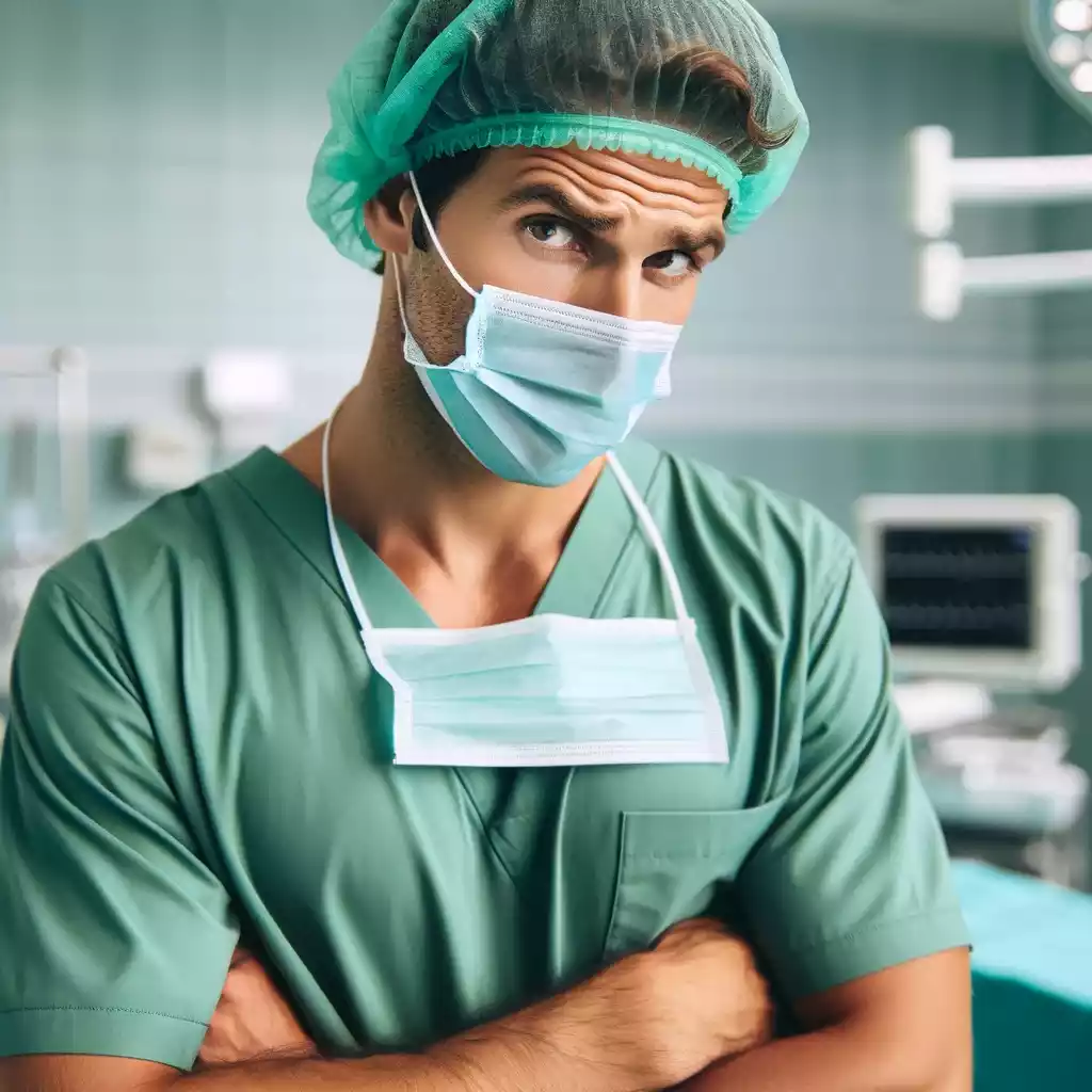 Caucasian man standing in a surgical room wearing green surgical scrubs a surgical cap and a mask hanging around his neck revealing a skeptical 1
